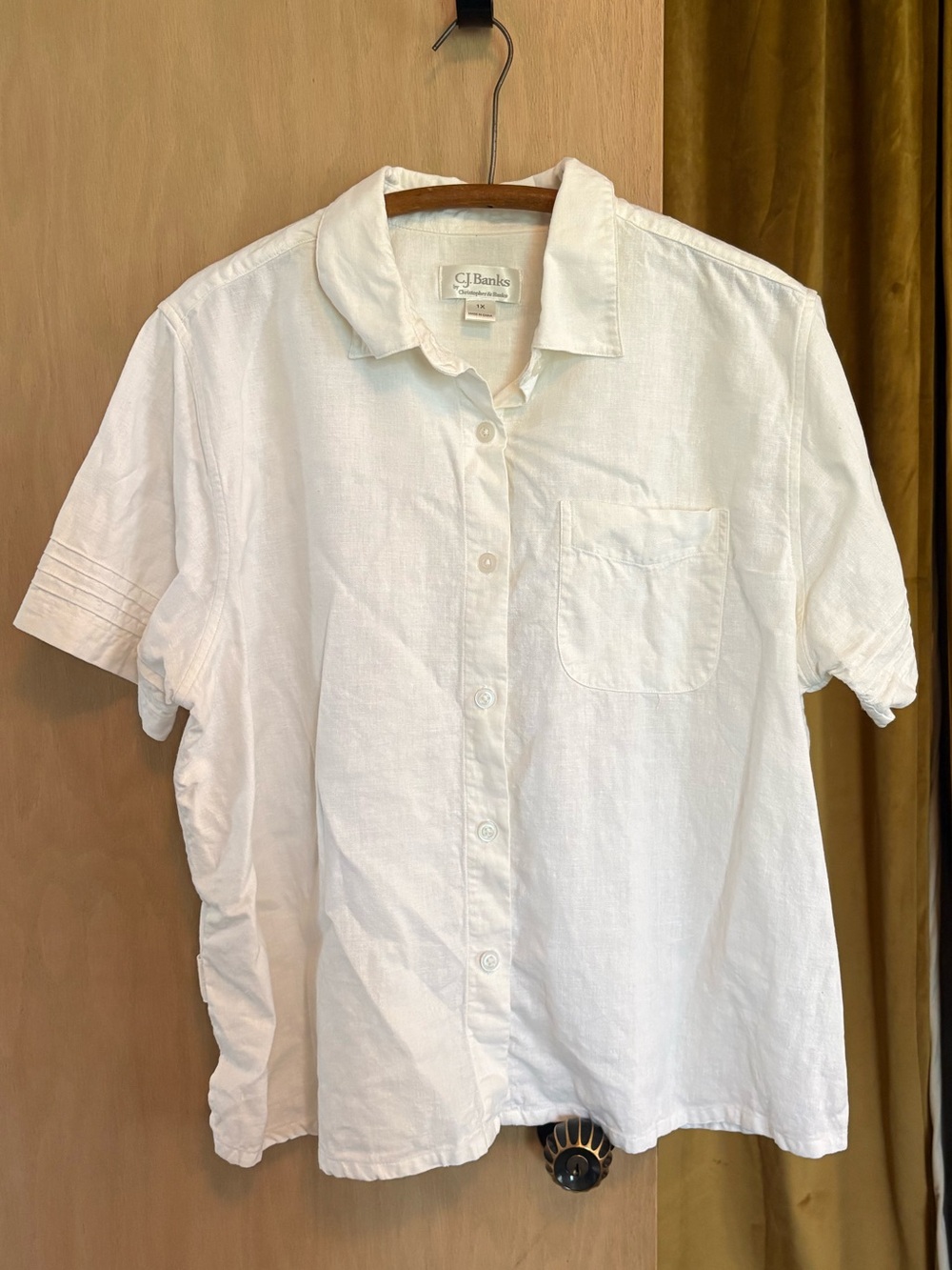 CJ Banks White Short-Sleeve Linen Blend Button-Down Shirt